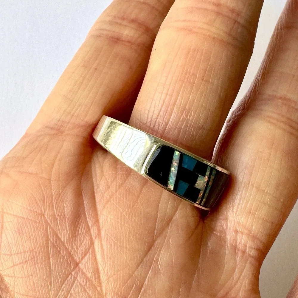 Navajo Inlay Wedding Band Mens Sz 12.5‎ Ring Turquoise Opal 9mm Signed AT